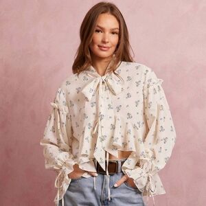 Chic Cream Floral Blouse with Bow Detail